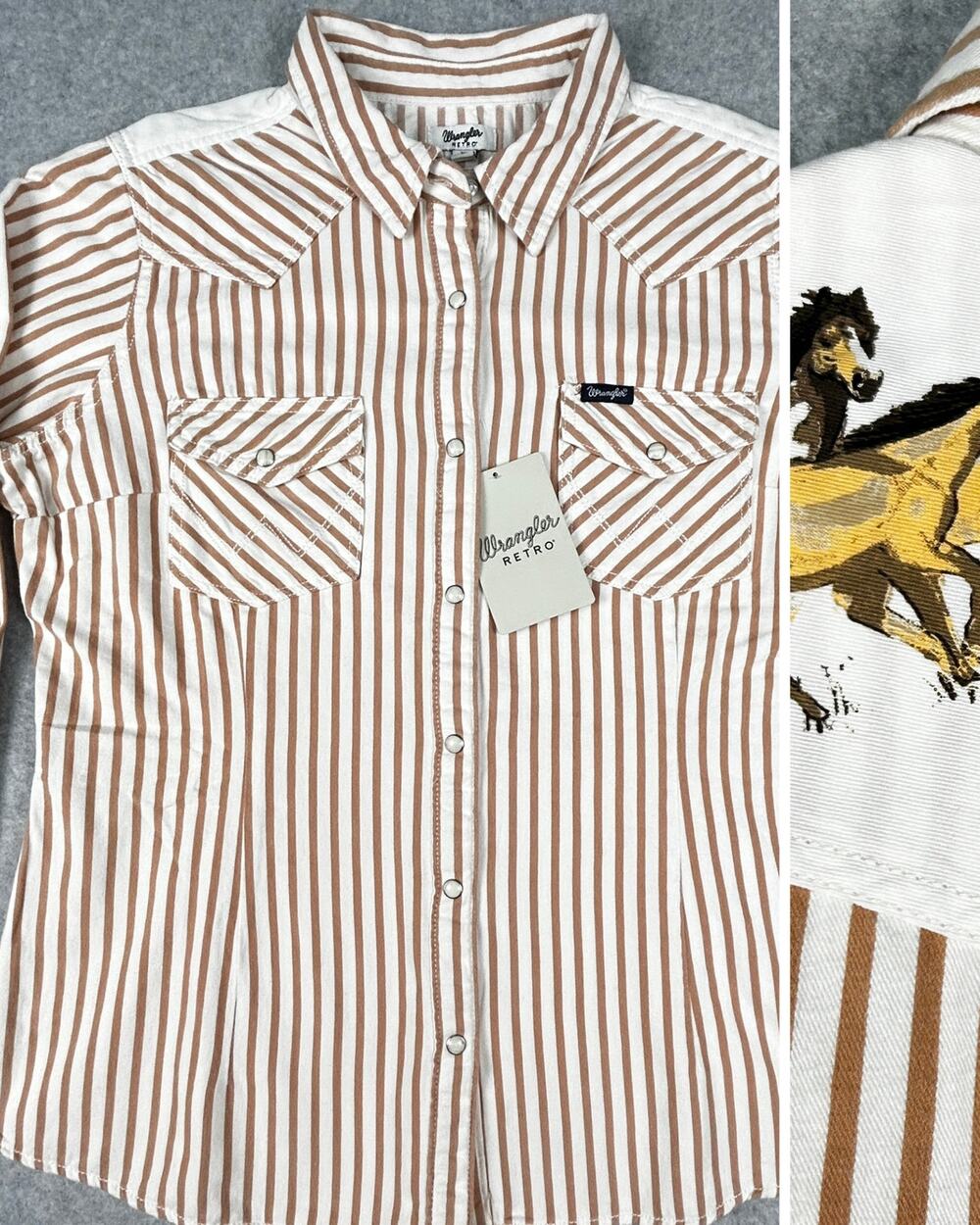 Wrangler Retro Horses Pearl Snap NWT Womens XL Tan Stripe Fitted Graphic Cotton